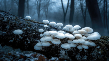 White fungi sprouting from a moss-covered fallen tree, with soft, diffused light illuminating the scene.の素材
