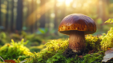 Wild boletus mushroom growing in a mossy woodland, bathed in warm, golden sunlight.の素材
