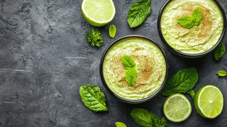 Authentic matcha tiramisu dessert, infused with the richness of green tea and lime mascarpone, beautifully arranged on a grey table, top viewの素材