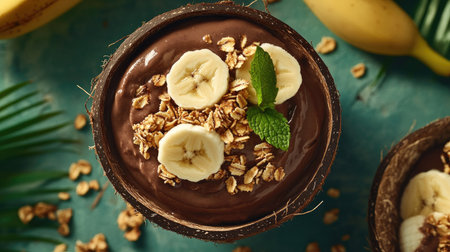 Aa bowl in a coconut shell, rich and creamy texture, topped with banana, granola, and fresh mint, set against a tropical summer backdrop, top viewの素材