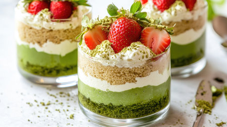 Artistic matcha and strawberry trifle with lime sponge cake, creamy matcha mascarpone, and fresh strawberries in a jar. White table background.の素材