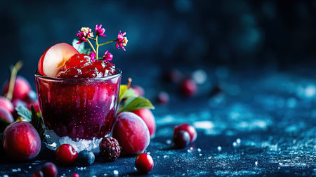 A small glass jar of thick plum jam, fresh plums, and berries artistically arranged on a dark blue table. Rustic food styling.の素材
