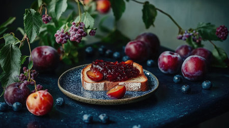 A plate with toast and plum jam, surrounded by ripe plums and fresh berries on a dark blue kitchen counter. Warm, rustic atmosphere.の素材