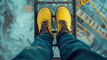 Yellow helmet on a metal post, with dusty work boots seen climbing a tall ladder in the distance.の素材