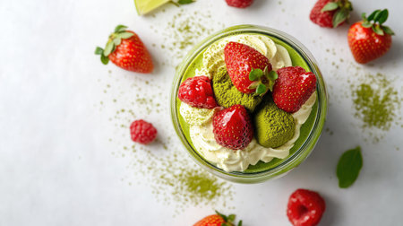 Aesthetic matcha and strawberry trifle dessert in a glass jar. Lime sponge cake, matcha mascarpone cream, and berries. White table background.の素材