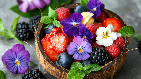 Aa bowl in a halved coconut shell, beautifully arranged with fresh fruits and edible flowers, tropical paradise setting, top viewの素材