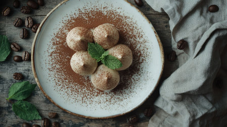 Aesthetic presentation of tiramisu dessert with cocoa powder and mint leaf. White plate, coffee beans, and a napkin on a rustic wooden table.の素材