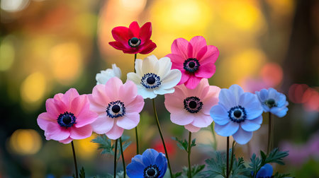 A beautiful arrangement of anemone flowers in nature, showcasing vivid shades of pink, blue, red, and white against a blurred garden background.の素材
