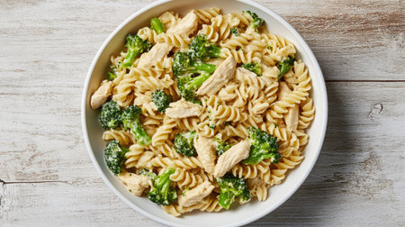 A creamy and cheesy chicken broccoli pasta dish, served hot in a white ceramic bowl on a neutral wooden background.の素材