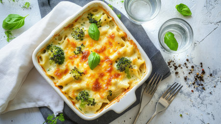 A comforting homemade dish of baked chicken broccoli pasta in creamy cheese sauce, with a glass of water and a fork beside it.の素材