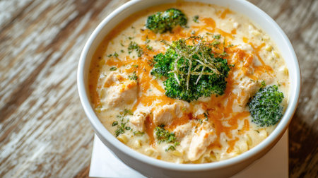 A creamy and cheesy chicken broccoli pasta dish, served hot in a white ceramic bowl on a neutral wooden background.の素材