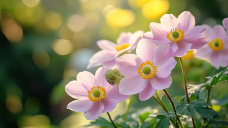 A cluster of Japanese anemone Anemone hupehensis with soft pink petals and bright yellow centers, bathed in natural daylight. Windflower in full bloom.の素材