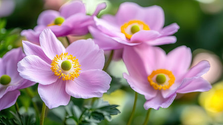 A cluster of Japanese anemone Anemone hupehensis with soft pink petals and bright yellow centers, bathed in natural daylight. Windflower in full bloom.の素材