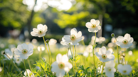 A field of wild Japanese anemones blooming in late summer, their delicate petals catching the breeze.の素材