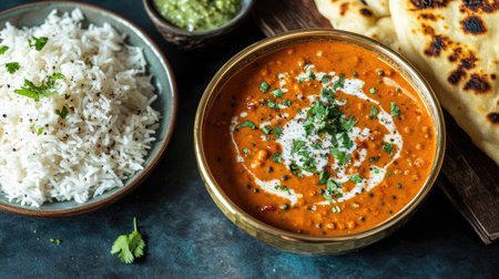 A delicious golden bowl of red lentil soup with coconut milk and curry, next to a plate of basmati rice and naan bread on a dark blue background.の素材