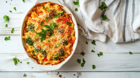 A delicious plate of chicken broccoli pasta bake, garnished with fresh parsley, served on a rustic white wooden table with a linen napkin.の素材