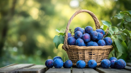 A full basket of freshly harvested blue plums, sitting on a wooden garden table with a scenic nature backdrop. Organic fruit photography.の素材