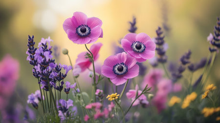 A garden scene with Japanese anemone flowers growing alongside lavender and wildflowers, creating a vibrant floral mix.の素材