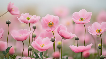 A field of Japanese anemones Anemone hupehensis in various stages of bloom, with pink petals creating a soft, dreamy floral landscape.の素材