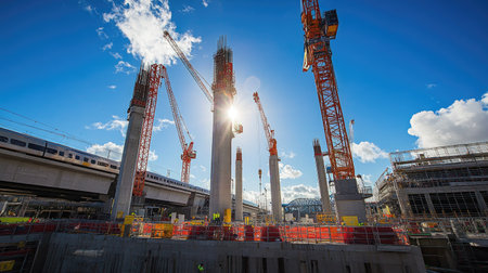 Massive bridge pillars rising for a bullet train project, with cranes operating under the bright blue sky.の素材