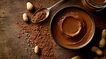 Close-up of peanut butter in a bowl with a drizzle effect, spoon, groundnuts, and a glass jar on a wooden table.の素材