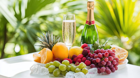 A glamorous party table with a champagne glass, a bottle in ice, and a mix of vibrant fruits including grapes, berries, and citrus.の素材