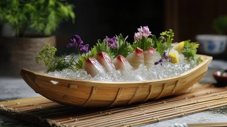 Authentic Japanese sashimi boat on a bamboo mat, presented with a modern yet traditional artistic food styling approach.の素材