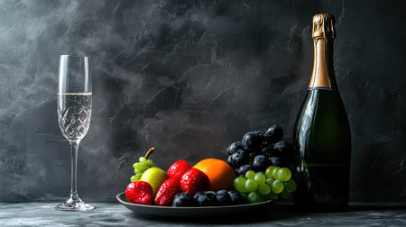 Luxurious still life with a tall champagne flute, an ice-cold bottle of bubbly, and a plate of fresh mixed fruits in a moody ambiance.の素材