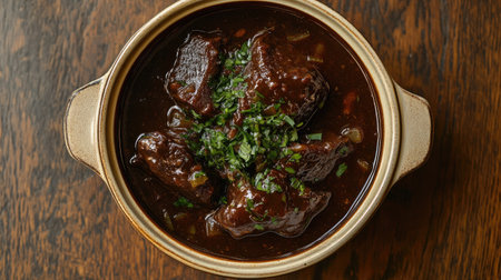 Authentic Pichelsteiner soup, rich and hearty Bavarian stew served hot in a traditional ceramic bowl, comforting homemade meal, top viewの素材