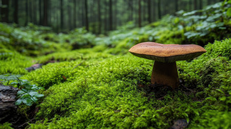 Steinpilz mushroom growing alone in a damp forest, with vibrant green moss as a backdrop.の素材