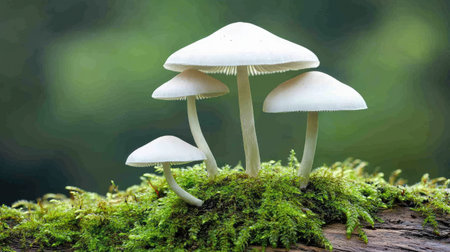 White mushrooms standing tall on a moss-covered log, capturing the essence of forest biodiversity.の素材