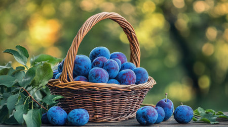 A full basket of freshly harvested blue plums, sitting on a wooden garden table with a scenic nature backdrop. Organic fruit photography.の素材