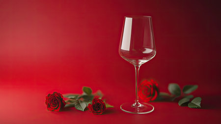 Soft-focus Valentine's scene featuring delicate red roses and an empty wine glass on a smooth red backdrop.の素材