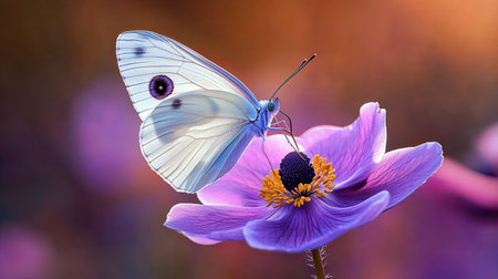 A gentle butterfly landing on a purple anemone flower, capturing the harmony of nature's delicate creatures.の素材