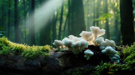 White fungi sprouting from a moss-covered fallen tree, with soft, diffused light illuminating the scene.の素材