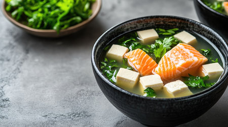 A minimalistic food styling shot of Japanese miso soup with salmon and tofu, presented in a black ceramic bowl with a gray background.の素材