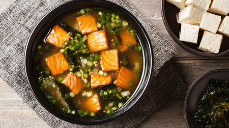 A Japanese-style top-down composition featuring miso soup with salmon, seaweed, and tofu in a black ceramic bowl on a gray table.の素材