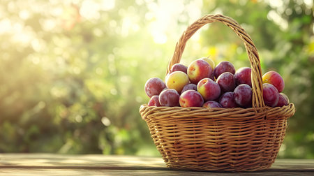 A full wicker basket of freshly picked plums, resting on a wooden garden table with soft natural lighting. Healthy and organic food concept.の素材