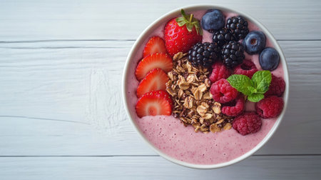 A refreshing smoothie bowl filled with strawberry banana puree, granola, and fresh berries, styled beautifully on a white wooden table.の素材