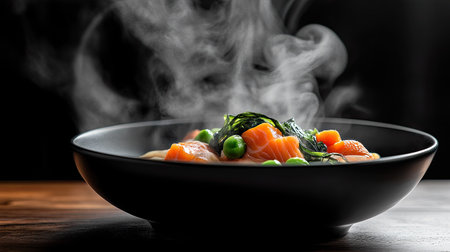 A side angle of a black ceramic bowl filled with steaming miso soup, highlighting the vibrant colors of salmon, seaweed, and fresh vegetables.の素材