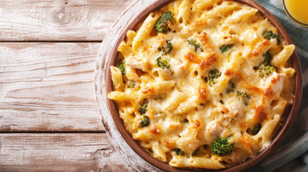 A rustic white wooden table with a delicious serving of cheesy chicken broccoli pasta bake, ready to be enjoyed with a glass of juice.の素材