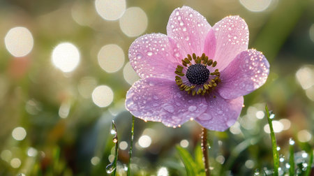 A rain-kissed anemone flower standing strong in a dewy meadow, glistening under the post-rain sunshine.の素材