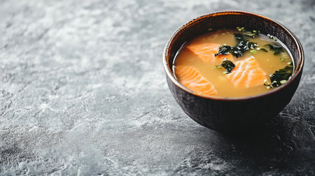 A simple yet elegant Japanese miso soup bowl, filled with fresh salmon, seaweed, and miso broth, placed on a gray stone countertop.の素材