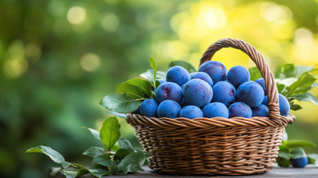 Freshly picked blue plums piled in a wicker basket, resting on a garden table with a blurred green background. Organic farming and harvest scene.の素材