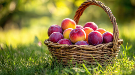 Freshly picked ripe plums in a rustic basket, placed on the grass in a sun-drenched orchard. Natural, organic, and homegrown summer fruit concept.の素材