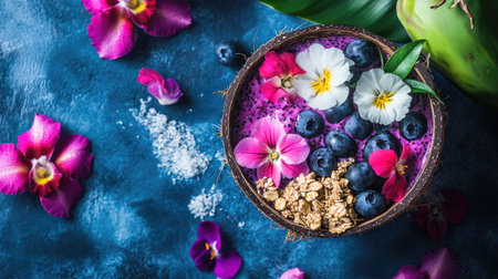 Chilled aa bowl in a coconut shell, topped with dragon fruit, granola, and edible flowers, beach-inspired summer health food, top viewの素材