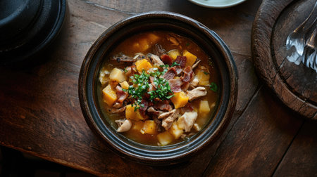 Classic Pichelsteiner soup in a rustic ceramic bowl, steaming hot German dish with beef, chicken, and bacon, on a wooden table, top viewの素材