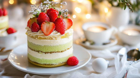 Beautifully styled matcha and strawberry trifle dessert in a jar. Lime sponge cake, matcha mascarpone, and berries. White festive table setting.の素材