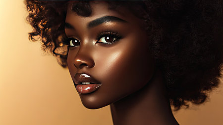 Elegant close-up of a woman with glowing skin, natural makeup, and relaxed expression, beige background creating a warm, inviting tone.の素材