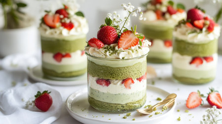 Beautifully styled matcha and strawberry trifle dessert in a jar. Lime sponge cake, matcha mascarpone, and berries. White festive table setting.の素材